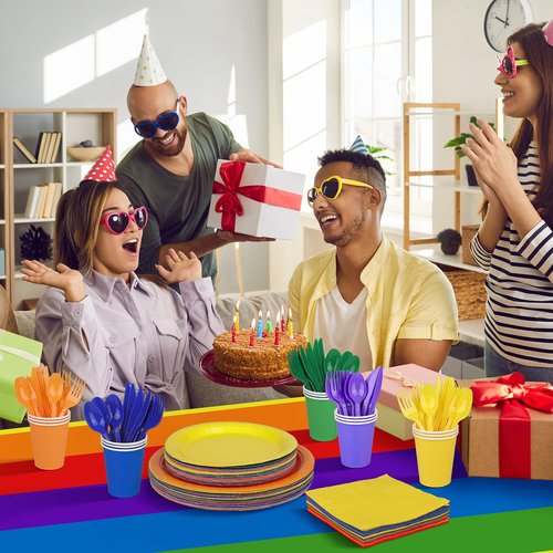 Ruisita 193 Pieces Rainbow Party Supplies Include Disposable Dessert Paper Plates Cups Napkins Forks Knives Spoons Table Cover Serve 24 Guests Dinnerware Cutlery Set for Birthday Wedding Decoration