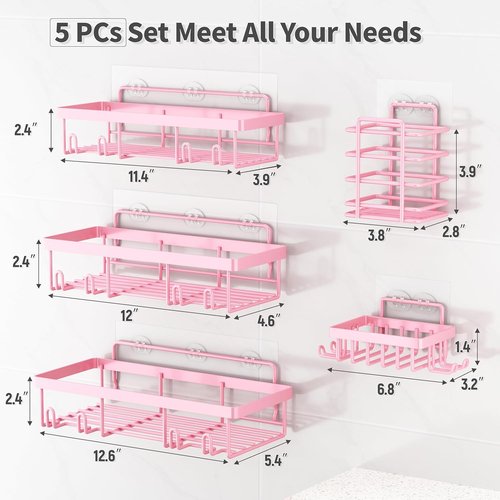 Liuoud Shower Caddy Organizer - 5 Pack Rustproof Stainless Steel Wall Storage Baskets | Pink Decor Set