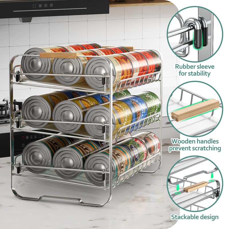 MAXIFFE 3 Tier Can Organizer for Pantry, Space-Saving Adjustable Easy Assembly Metal Sturdy Hold 36 Cans Storage Rack Holder Dispenser for Kitchen Countertop Cabinet RV, for Soda Drinks Fruits, Chrome