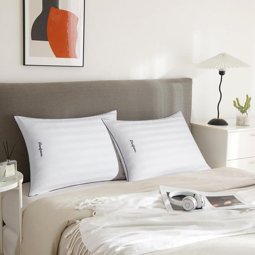 Dearfoams Bed Pillows - Luxurious Cotton Stripe Down Alternative | Set of 2 Standard/Queen Size, Supportive for All Sleep Positions