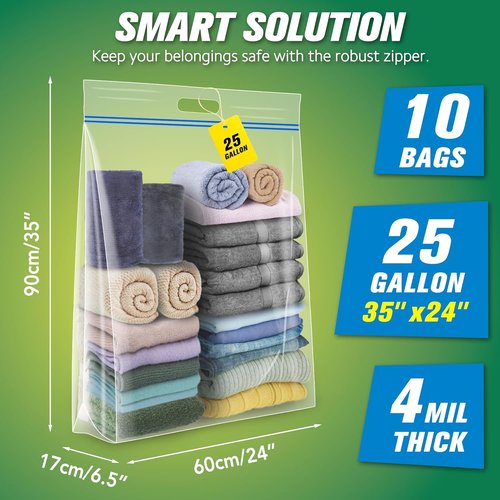 HIBAG Jumbo Storage Bags - 25 Gallon Resealable Clear Bags with Handle | Extra Large XL for Clothes & Travel - Pack of 10
