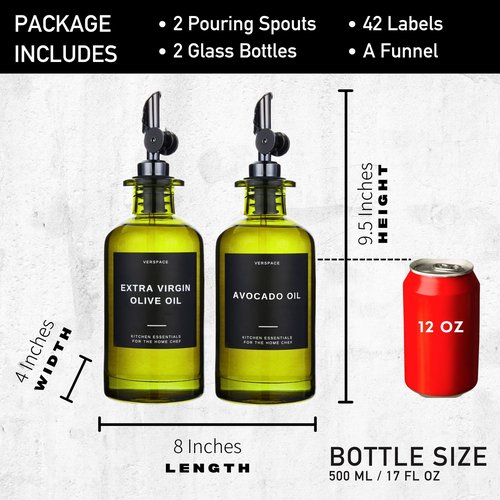 Verspace - Green Glass Olive Oil Dispenser Bottles For Kitchen, Avocado Oil Dispenser Set, Modern Decor, Gold Kitchen Accessories for Home, Airbnb, Cafe (Black, Set of 2)
