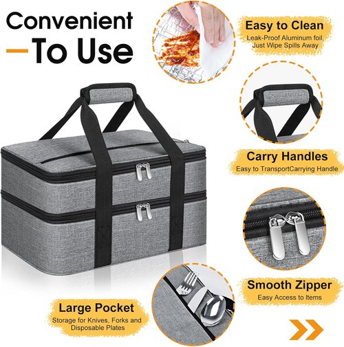 Double Insulated Casserole Carrier - Portable Hot/Cold Food Tote for Potlucks | Fits 9" x 13" Dish - Grey