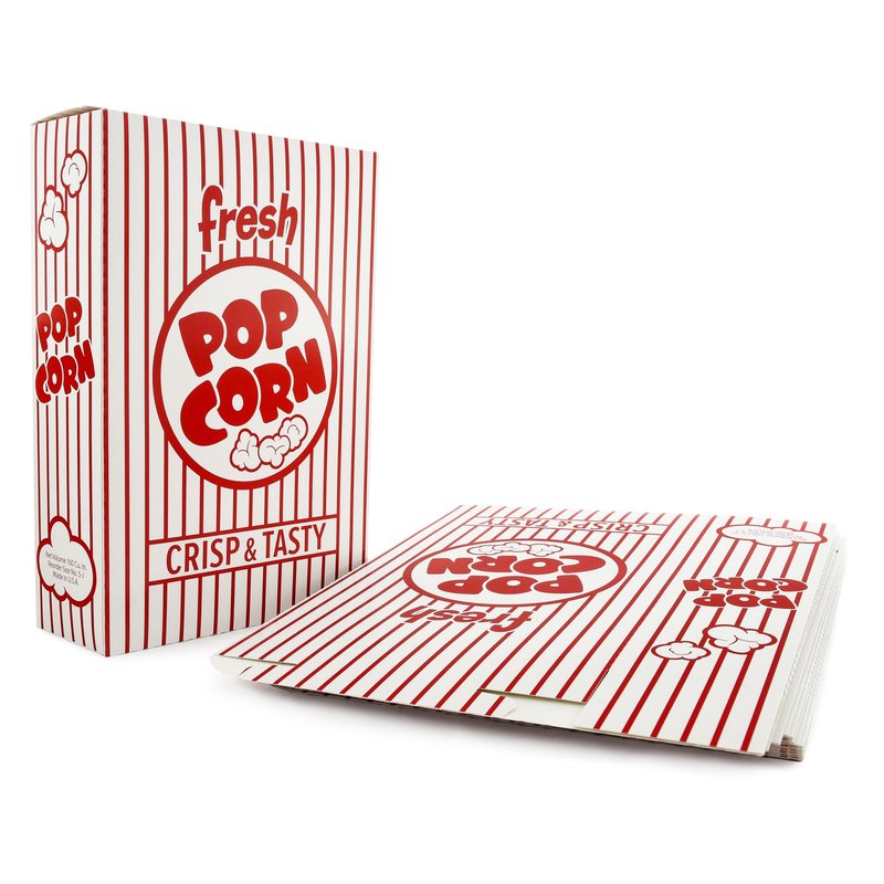 Snappy 5J Red & White Striped Close Top Popcorn Boxes - 50 Count, 3.3 oz. Capacity, 6.5" x 2.5” x 9.5” Popcorn Containers, Movie Night Supplies