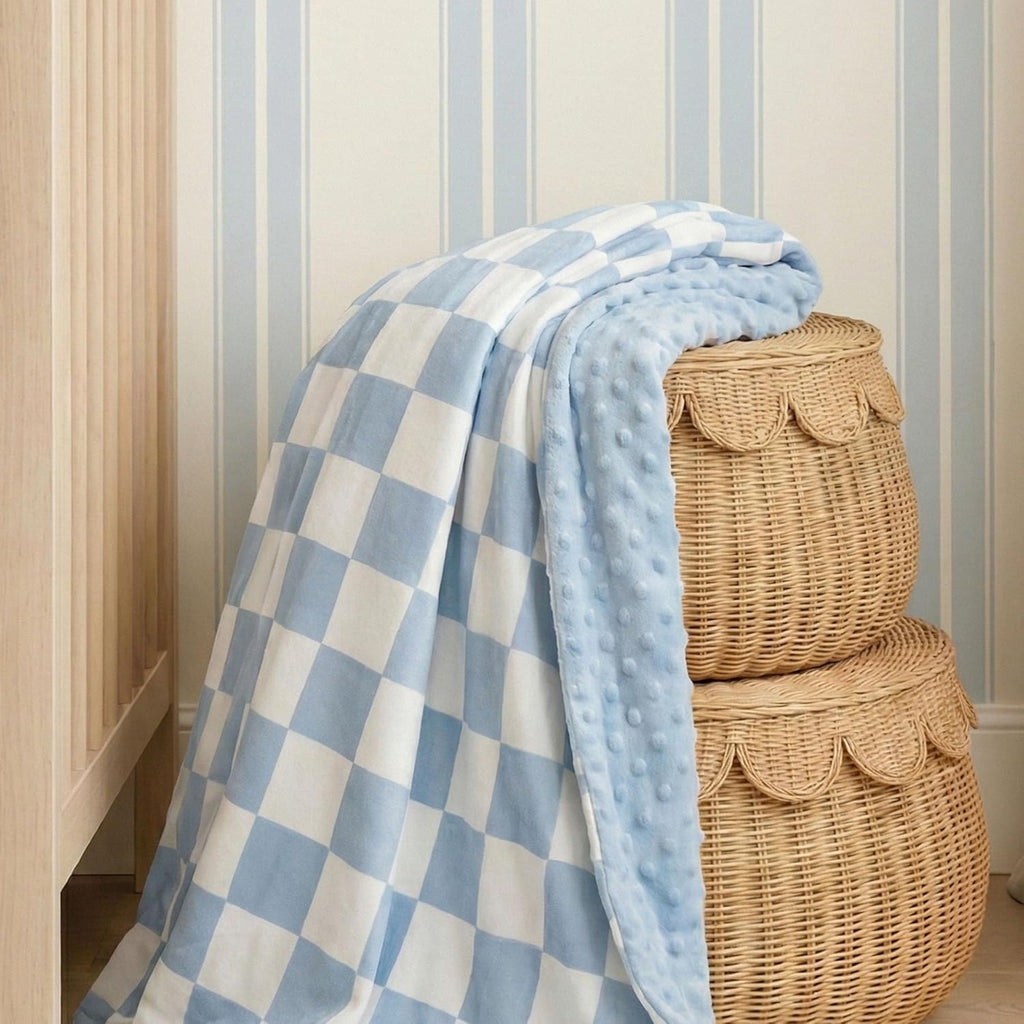Skiennix Checkered Baby Blanket - Cozy Minky Nursery Blanket for Infants | Soft & Fluffy, 30x40 Inches, Blue
