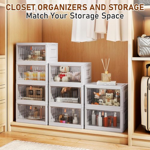 4 Tier Stackable Storage Bins by [Brand Name] - 23 QT Plastic Organizers with Lid & Wheels | Grey Foldable Containers for Home & Craft