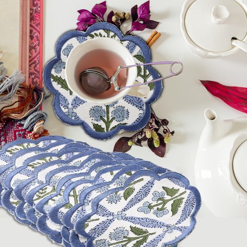 Ridhi Hand Block Print 8- pcs Canvas Cotton Drink Absorbent Stylish Embroidery Scallop Coaster Set Boho Modern Home Decor and Wooden Table Protection 5 inch Light Steel Blue