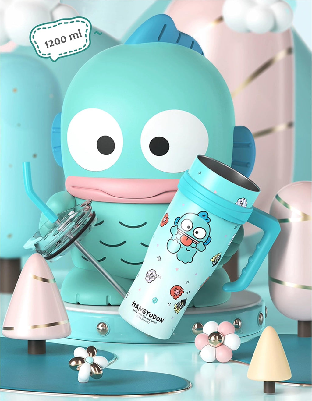 Many Rainbows Hangyodon Stainless Steel Insulated Tumbler with Lid, Straw & Handle 1200ml - XL Size