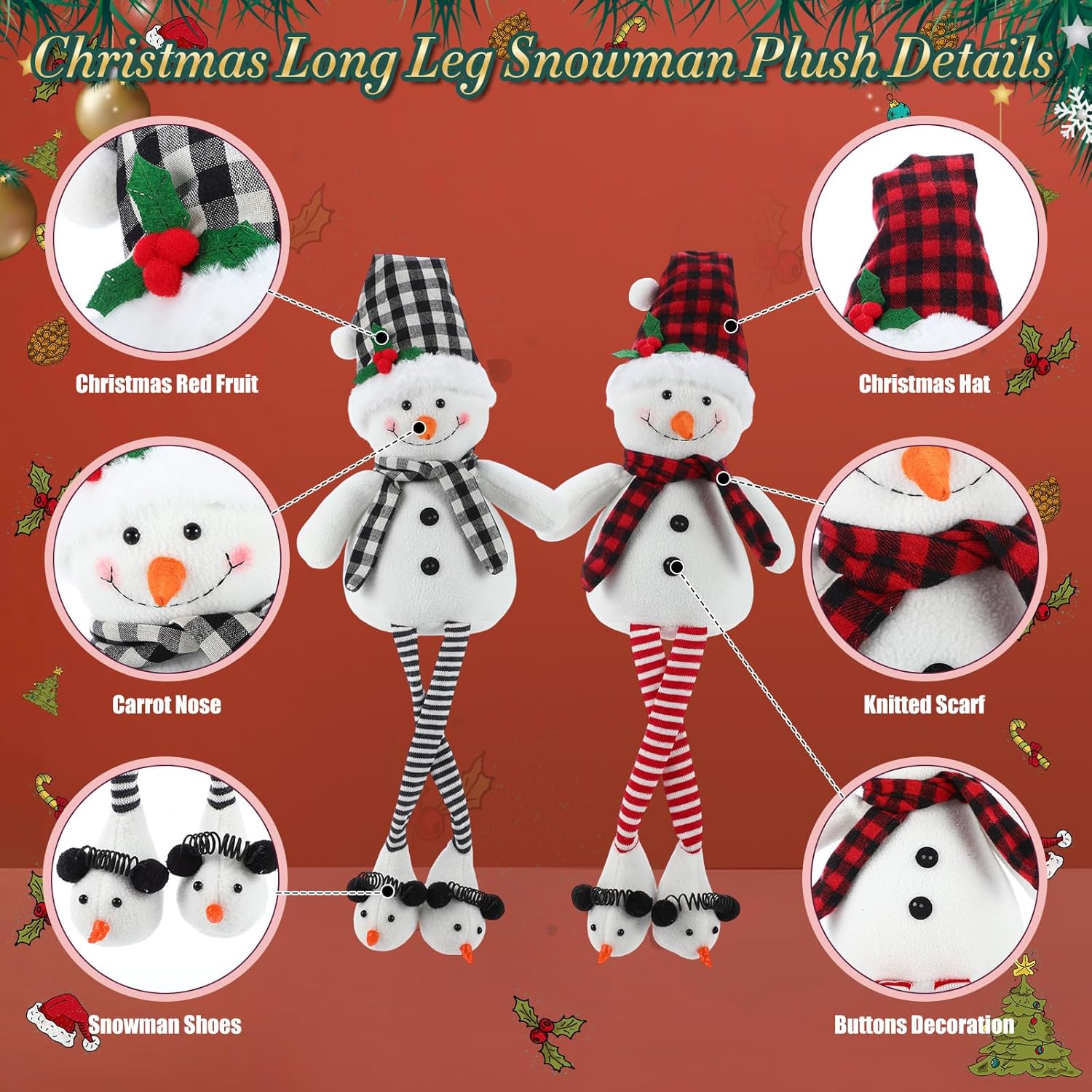 Threehoney Plush Snowman Decor - 2 Pcs 27.6" Sitting Stuffed Toy with Scarf & Hat | Rustic Christmas Tabletop Ornaments
