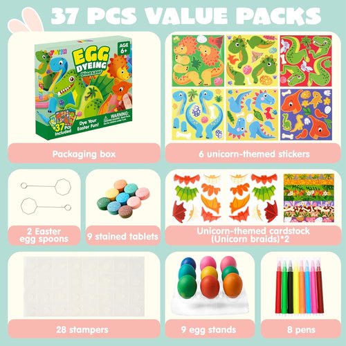 JOYIN Dinosaur Easter Egg Dye Kit - 37 PCS Coloring Set with Dye Tablets & Stickers for Creative Egg Hunts