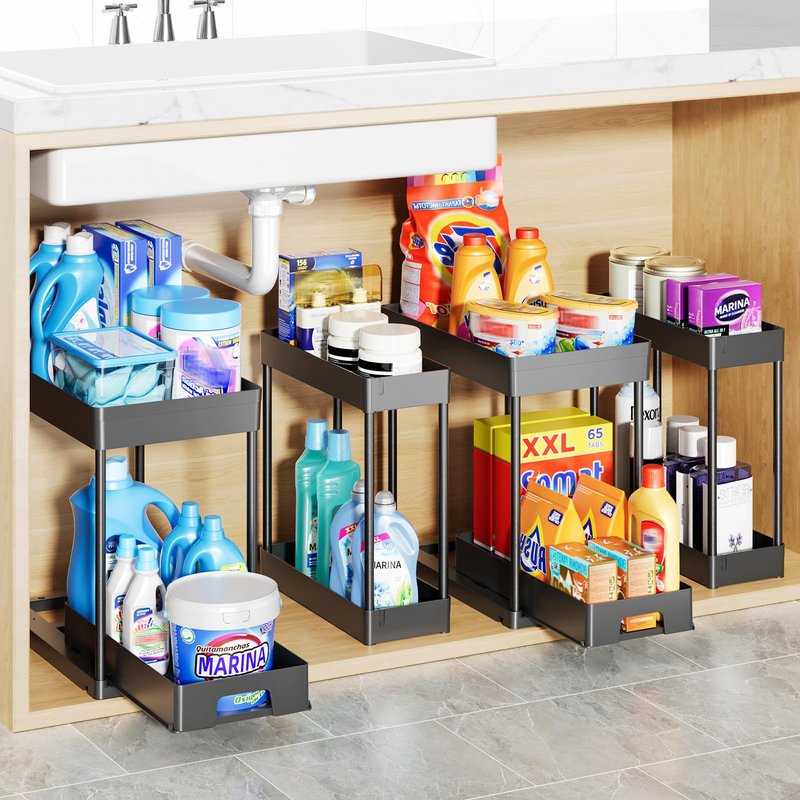 Delamu 3 Pack Under Sink Organizers and Storage, 2 Tier Black Bathroom Cabinet Organizer, Multi-Use Kitchen Bathroom Organizers and Storage, Under Counter Organizer with Hooks