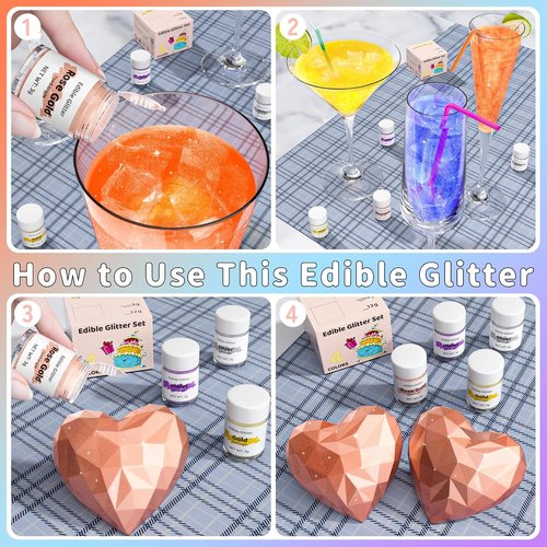 Cherrysea Edible Glitter Drink Shimmer - 4 Vibrant Colors, No Taste, Food Grade Luster Dust | 3g/Bottle