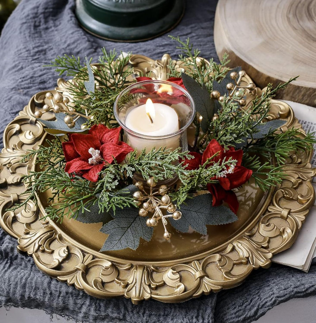 Regine Switzerland Christmas Candle Rings - Artificial Flower & Gold Berries Decor | 2-Piece Set