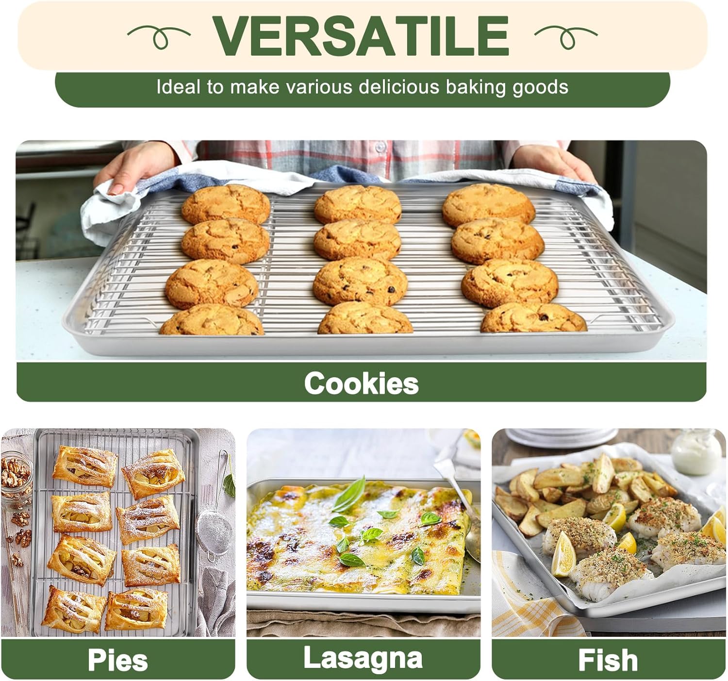 TeamFar Baking Sheet Set - 3 Stainless Steel Cookie Sheets with Racks | Non-Toxic, Dishwasher Safe, 16/12.5/10.5 Inch