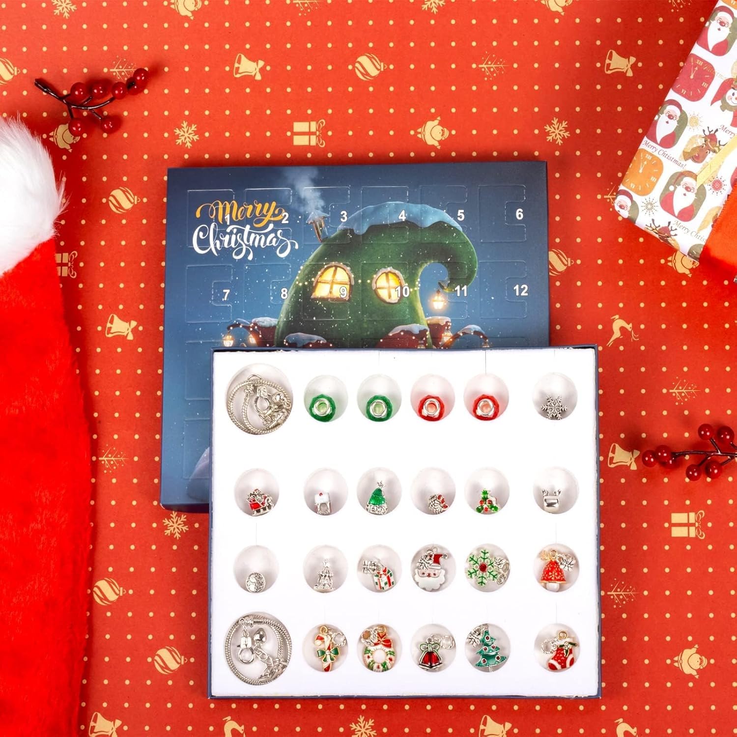 Skiennix Christmas Advent Calendar Bracelets - 24-Day DIY Jewelry Kit with 22 Charms & 2 Bracelets for Girls