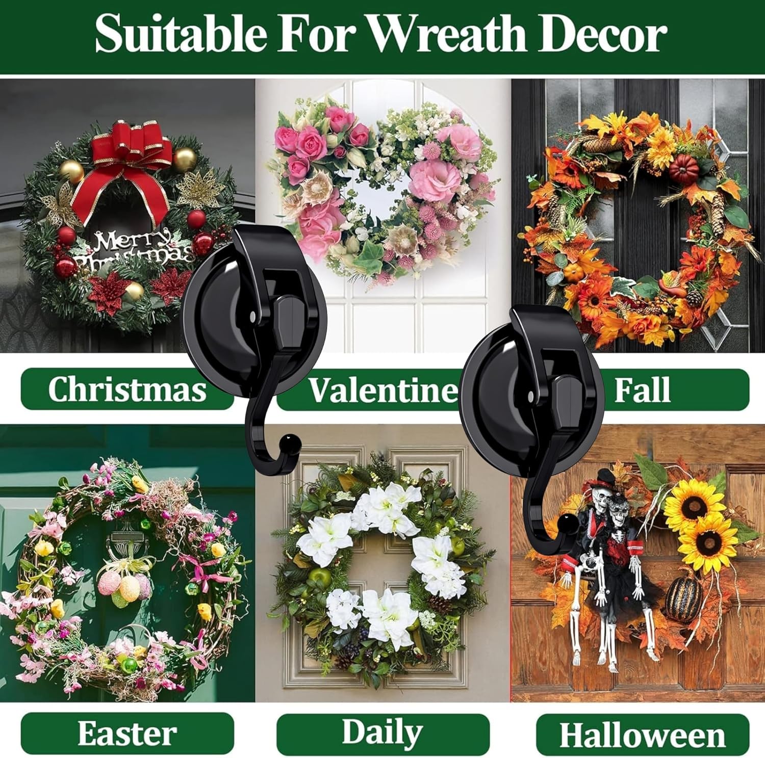 Skiennix Heavy Duty Vacuum Suction Cup Hooks - Easy Install Wreath Hanger for Kitchen & Bathroom (2, Black)