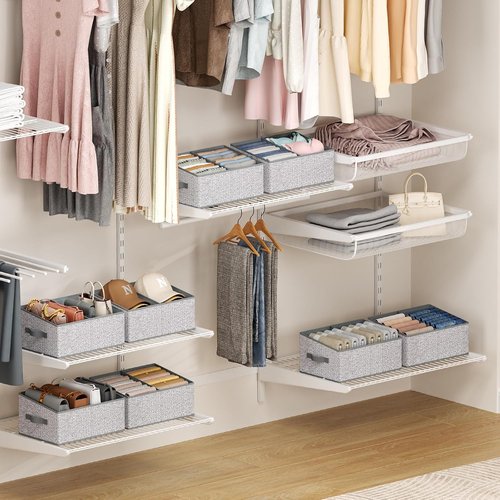 DIMJ Large Closet Shelf Organizer Bins - 6 Pack Fabric Trapezoid Storage Baskets with Handles | Grey Foldable Containers for Clothes, Towels, Toys, and More