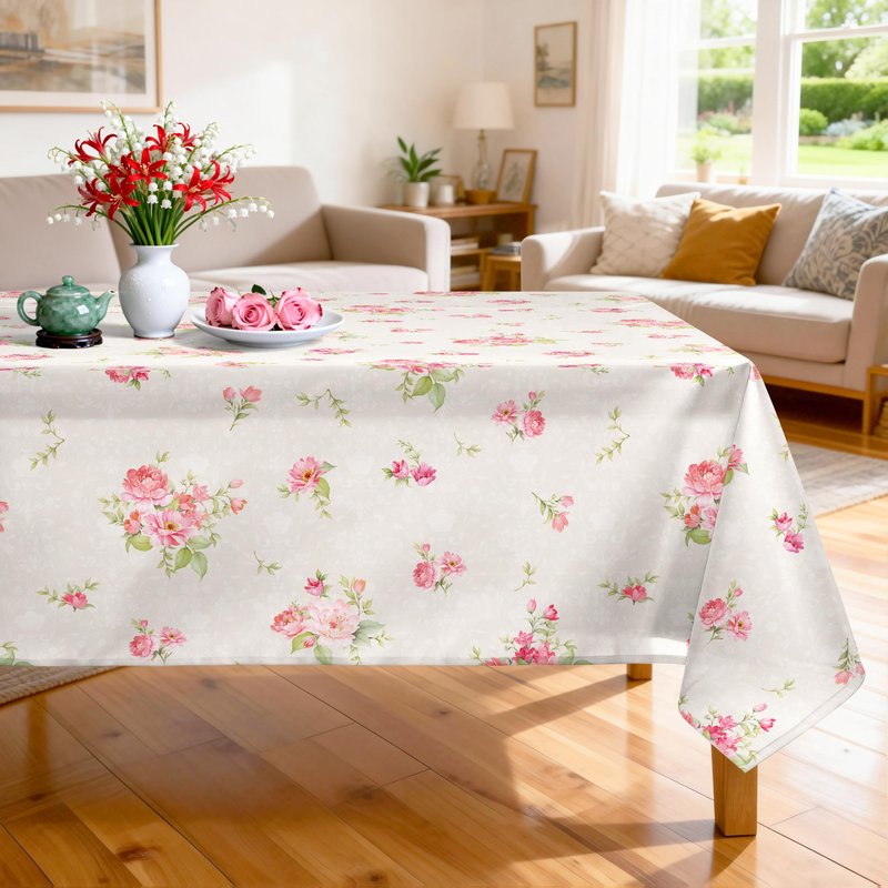 Arquiel Pink Floral Tablecloth Waterproof, Beige Table Cloth Rectangle Stain Resistant, Washable Table Cover for Home Kitchen Dining Party Decoration (60×84 inch)