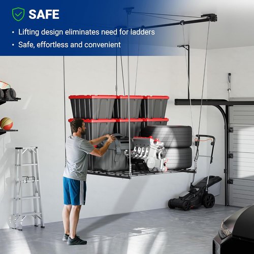 FLEXIMOUNTS Garage Lifting Metal Rack - Adjustable 4x4 Ft Overhead Storage System | Heavy-Duty 350lbs Capacity, Satin Black