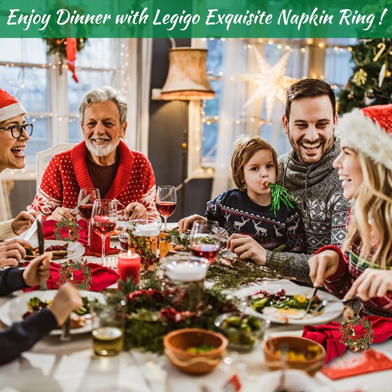 Legigo Set of 6 Christmas Wreath Napkin Rings Set- Metal Xmas Napkin Ring Holders for Cloth Napkins, Christmas Holiday Party Dinner Table Decoration
