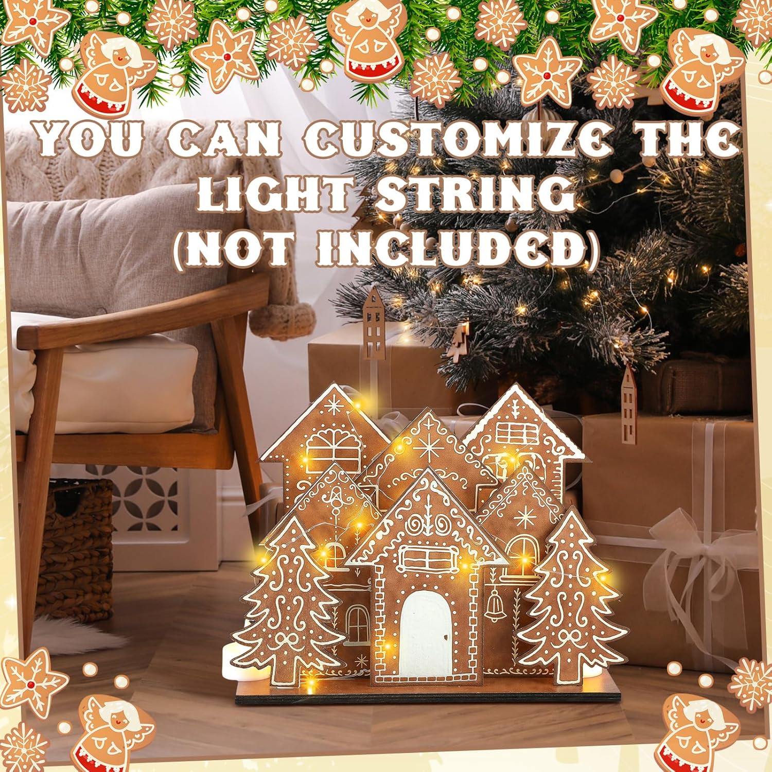 Threehoney Christmas Gingerbread House Table Decorations - 8 Pcs Wooden Centerpiece for Holiday Decor