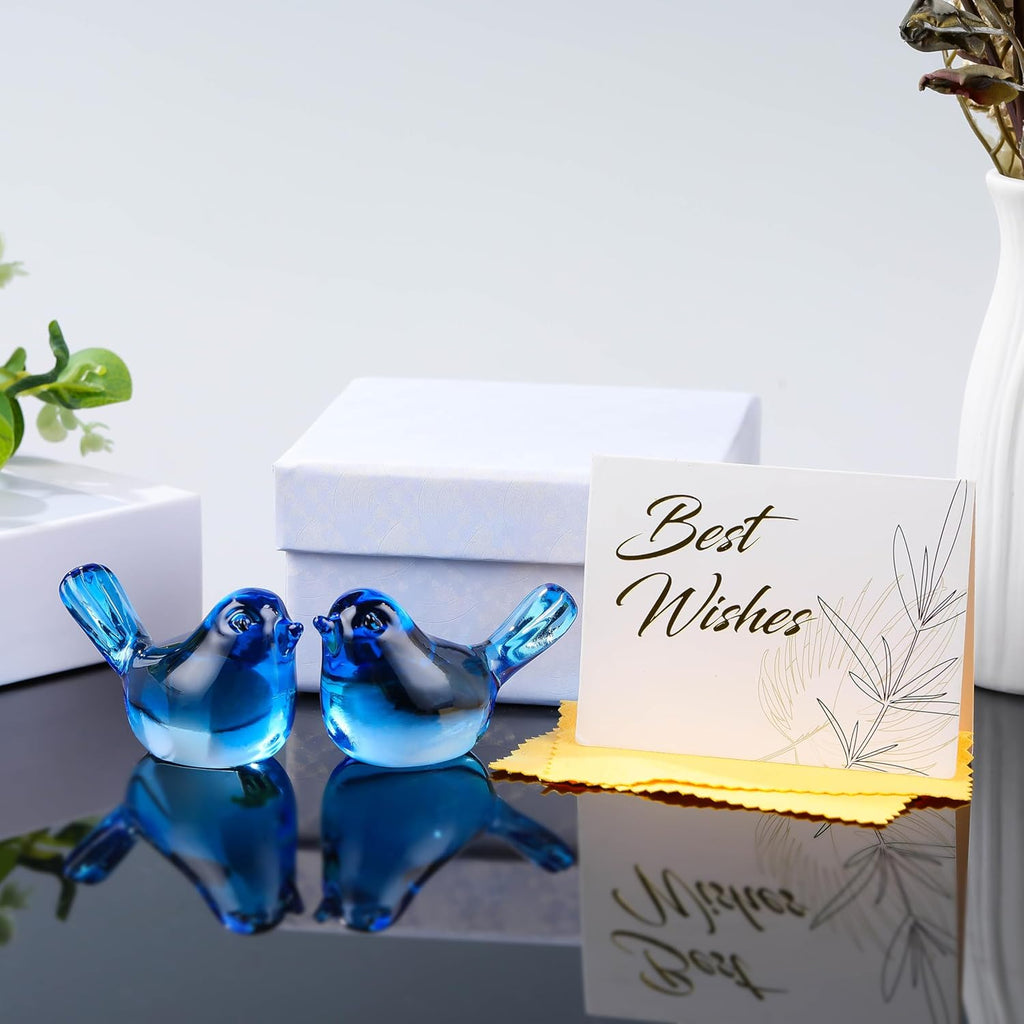 Qianwei Crystal Bird Figurines - Handmade Blown Glass Collectibles for Office Desk Decor | 2pcs Sky Blue