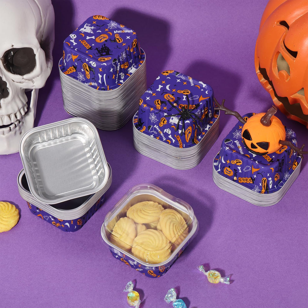 100Pcs Halloween Mini Disposable Cake Pans with Lids, Aluminum Foil Square Baking Cups Pie Tin Tart Pans Ramekins Browni Baking Cups Dessert Cups for Halloween Party,5oz