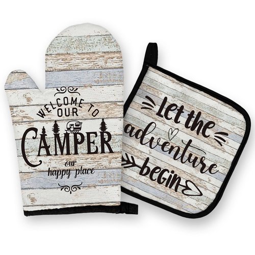 OHSUL Camper Gifts Oven Mitts and Pot Holders Sets, Camping Rv Kitchen Decor Accessories, Happy Camper Rustic Camping Heat Resistant Oven Gloves Hot Pads for Kitchen Cooking Baking BBQ