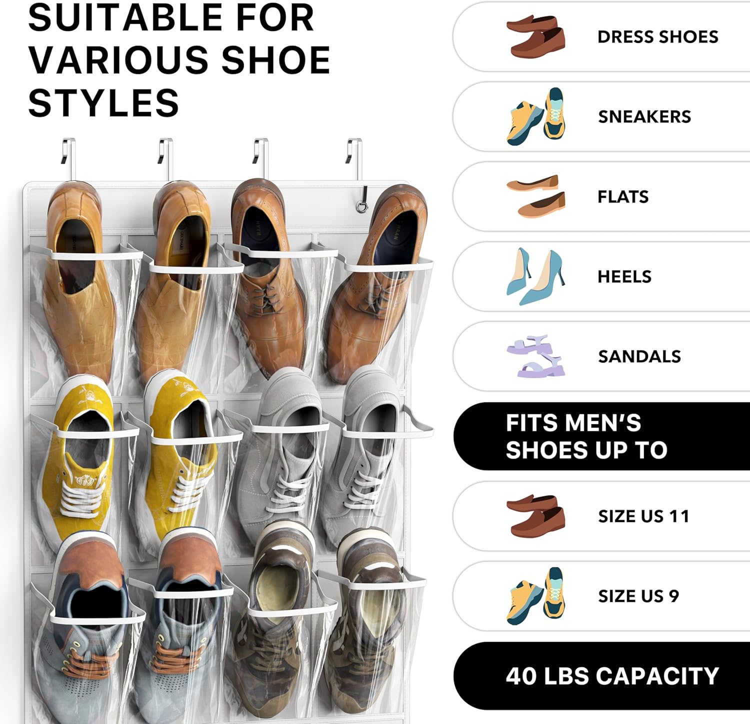 Simple Houseware Over The Door Hanging Shoe Organizer - 24 Clear Pockets, White (56" x 22.5")