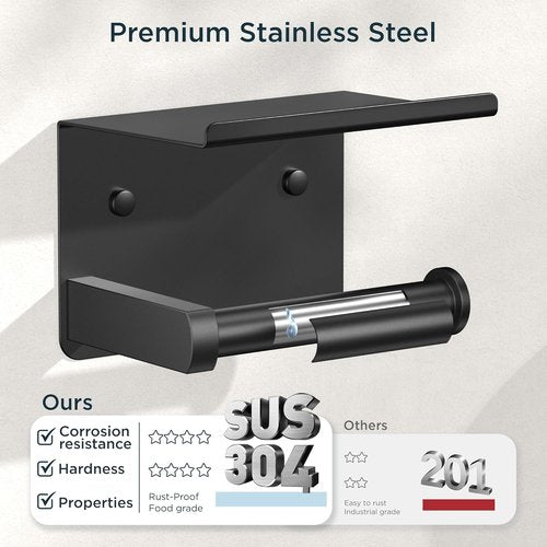 FORIOUS Toilet Paper Holder - Wall Mount with Shelf | SUS 304 Stainless Steel, Matte Black Finish