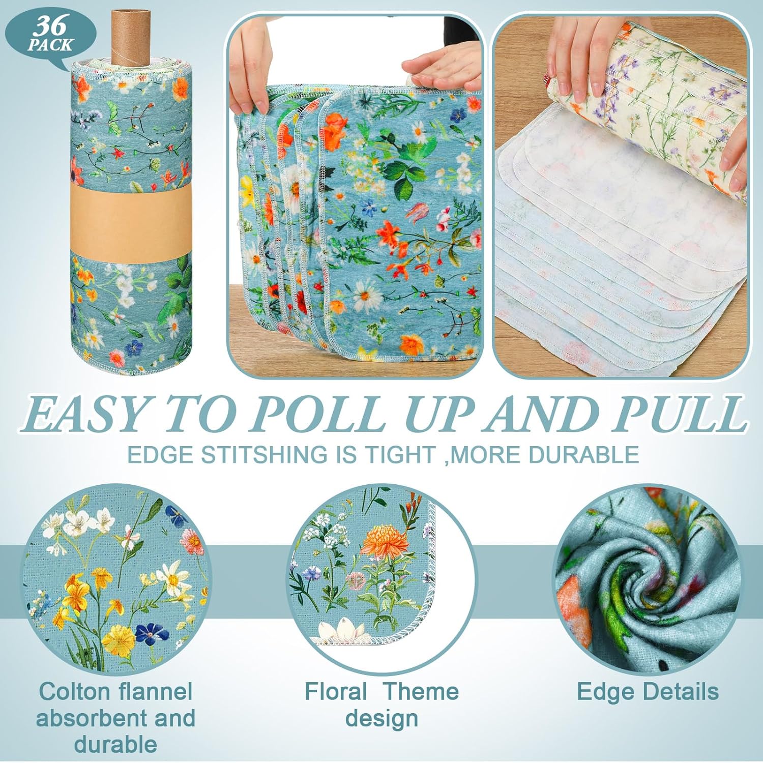 Redbaker Reusable Paper Towels - 36 Pcs Washable Cotton Kitchen Napkins | Eco-Friendly Flower Design