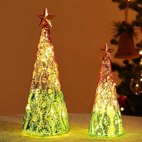 Lewondr Glass Christmas Trees - 2 PCS Mercury Tabletop Lamps with Built-in Lights | Green & Gold Decor