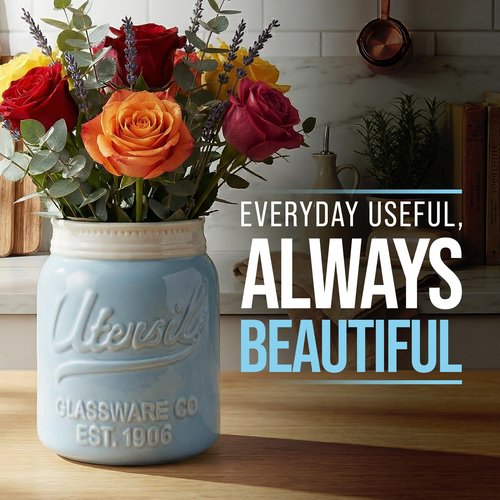 Comfify Wide Mouth Mason Jar Utensil Holder Decorative Kitchenware Organizer Crock, Dishwasher Safe - Kitchen Caddy Aqua Blue for Countertop, Large Size 7" Hight