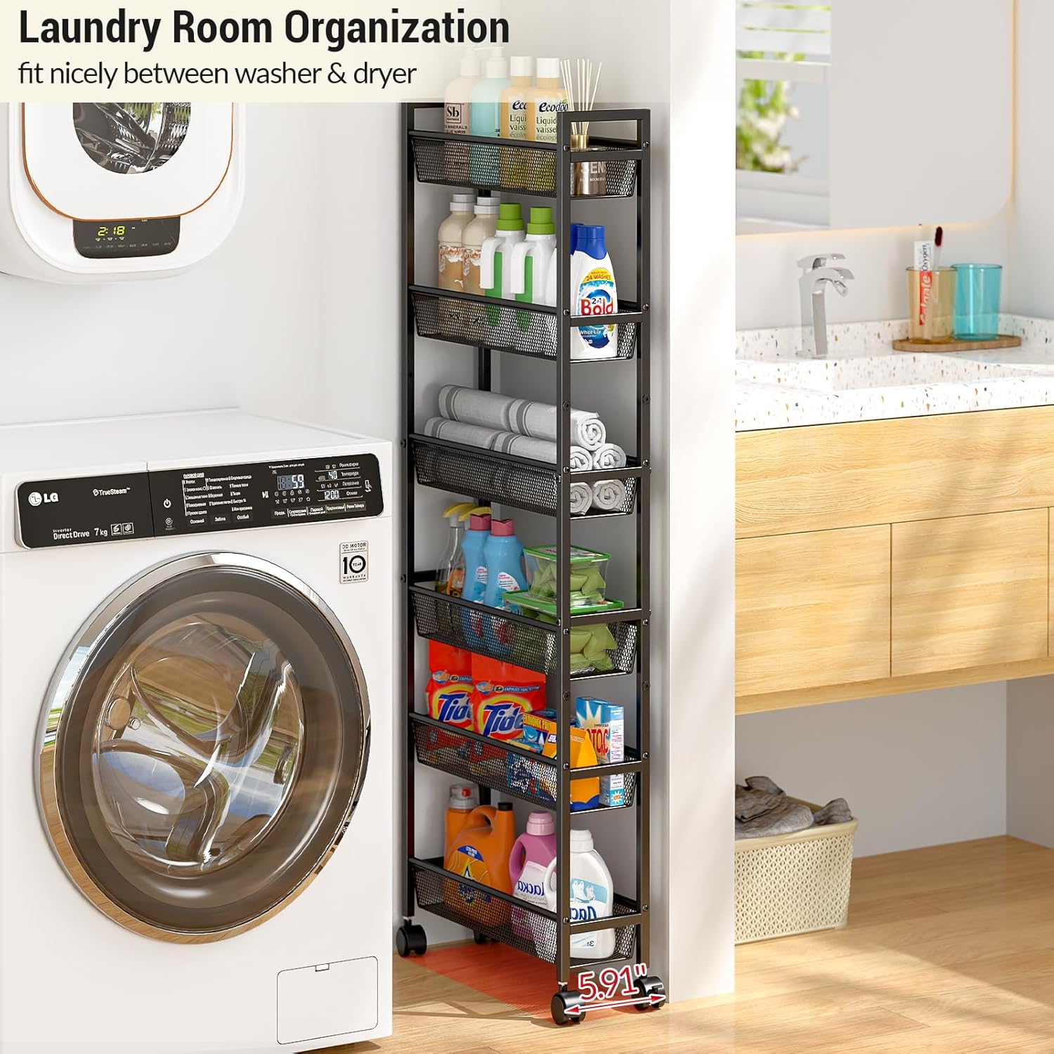 ThreeHio 6-Tier Slim Storage Cart - Mobile Metal Shelving Unit with Wheels for Kitchen & Narrow Spaces | Black, 6in Width