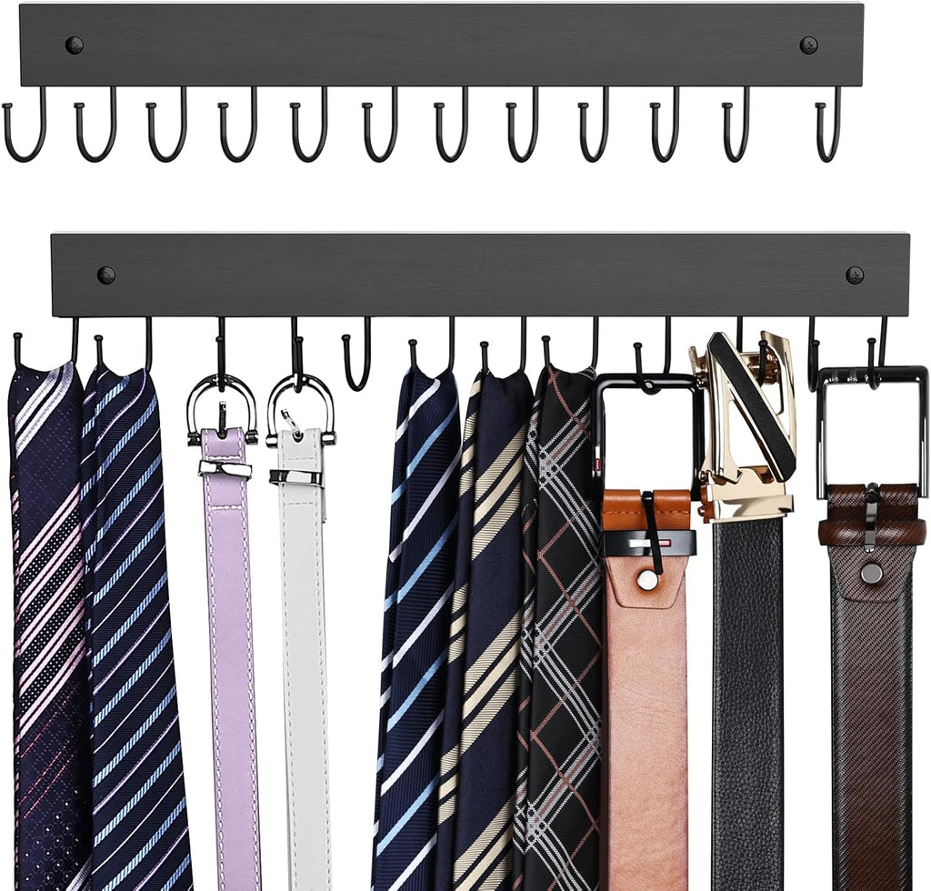 Skiennix Wooden Belt Hanger - Wall-Mounted 2-Pack with 24 Storage Capacity | 180° Rotating Design for Ties, Scarves, and More