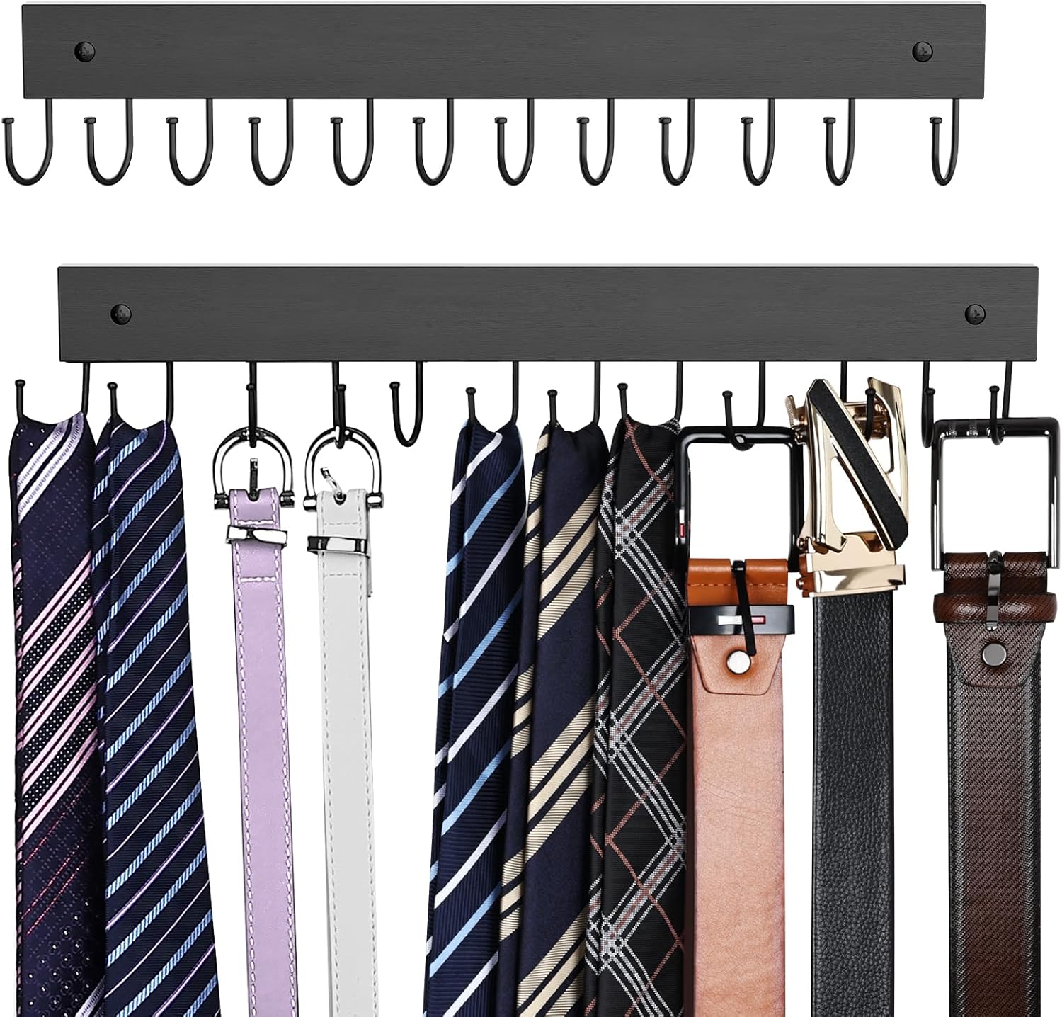 Skiennix Wooden Belt Hanger - Wall-Mounted 2-Pack with 24 Storage Capacity | 180° Rotating Design for Ties, Scarves, and More