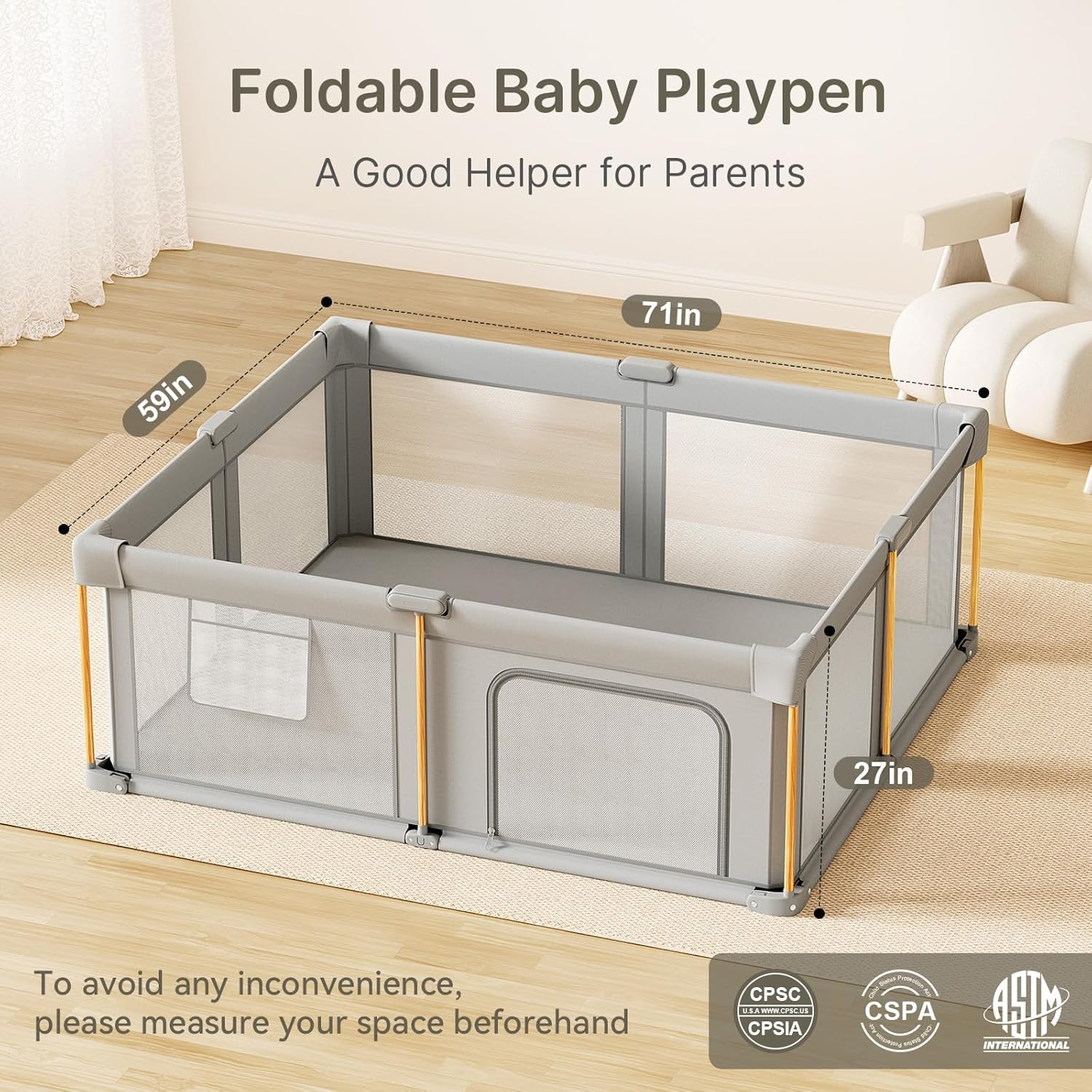 Skiennix Foldable Baby Playpen - Portable 71x59 Play Yard with Mat for Indoor & Outdoor Use
