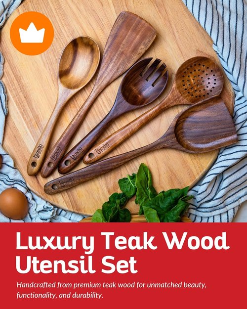 Boxiki Kitchen Luxury Teak Wood Utensil Set - Elegant 6-Piece Cooking Tools for Culinary Excellence