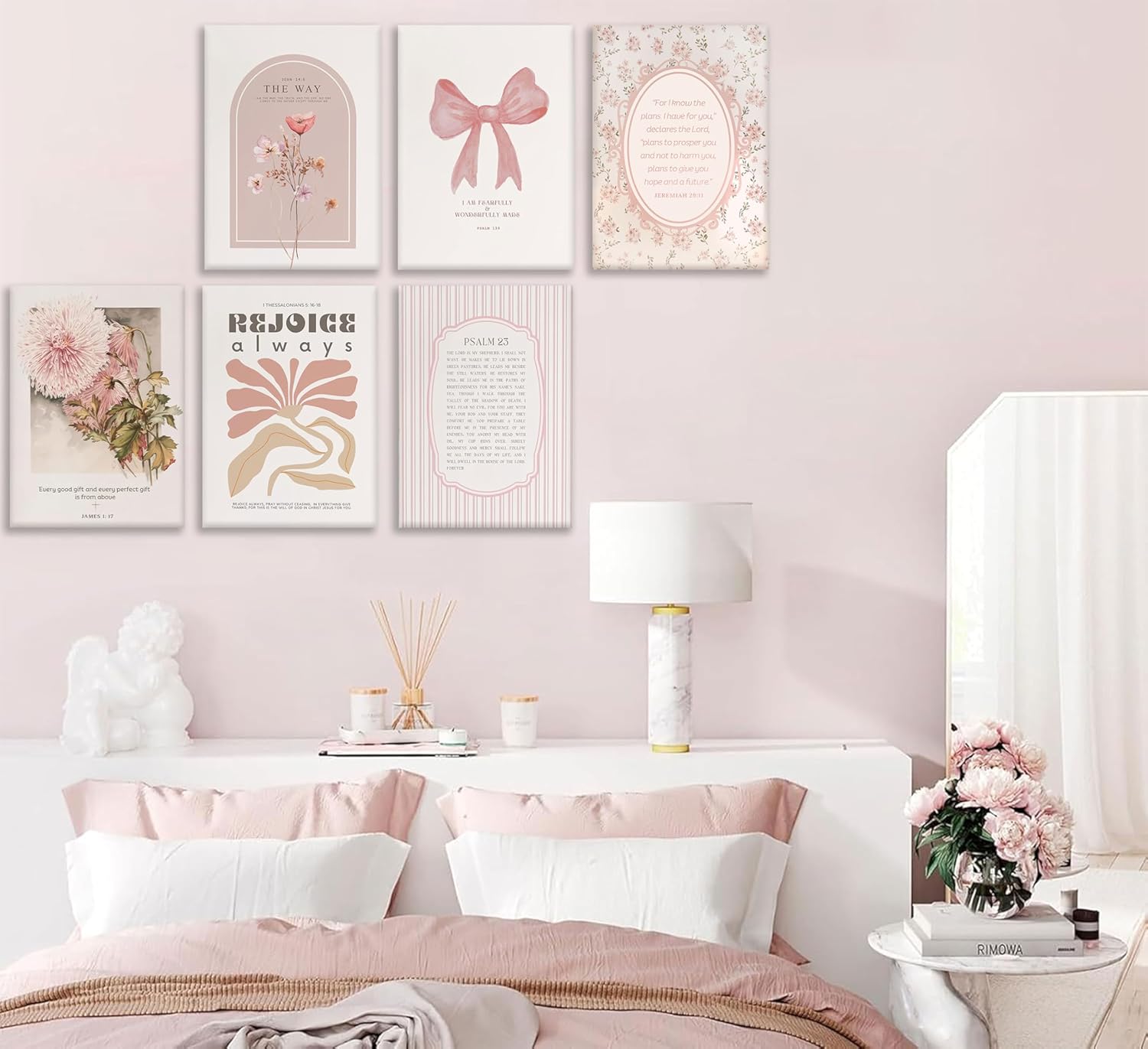 Skiennix 6Pcs Pink Christian Wall Art - Boho Floral Bible Verses Canvas Decor for Bedroom & Dorm