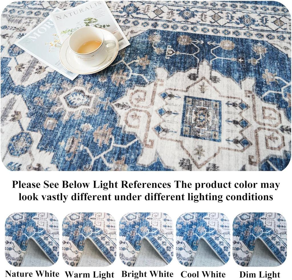 Skiennix Non-Slip Entryway Rug - Washable Stain Resistant Kitchen Doormat | Vintage Blue 2x4 Soft Carpet