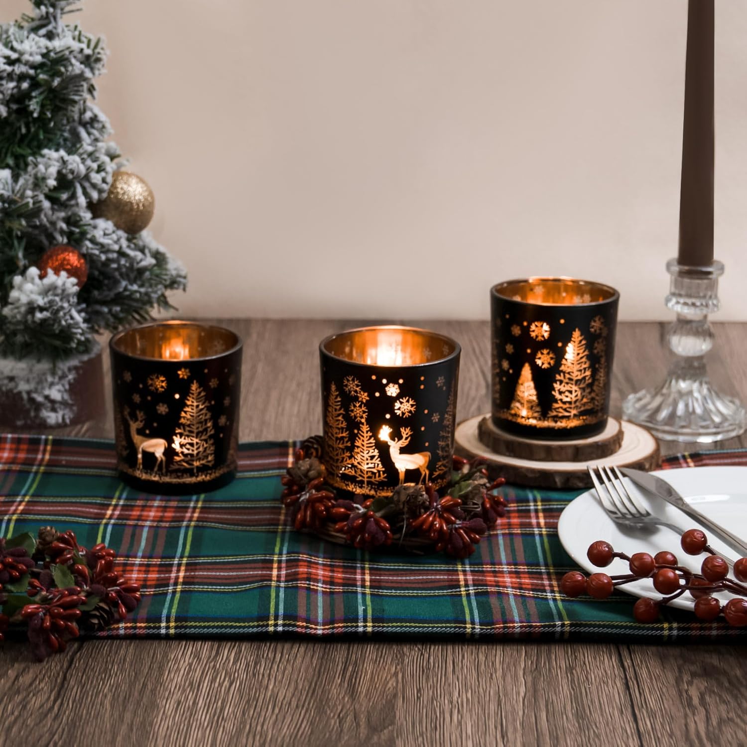 Skiennix Votive Candle Holders - Black & Gold Glass Tealight Set of 3 | Festive Elk, Tree & Snowflake Design for Holiday Decor