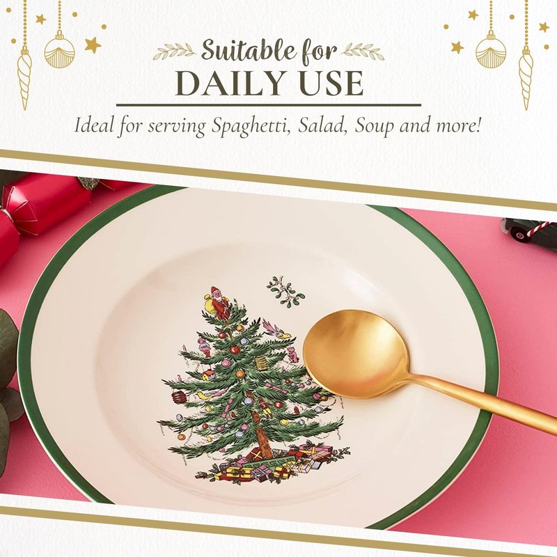 Spode Christmas Tree Pasta Bowl - Set of 4, Rimmed Plate for Serving Salad, Spaghetti & Soup, 10-Inch, Made of Porcelain, Dishwasher, Microwave & Freezer Safe, Dinnerware Set