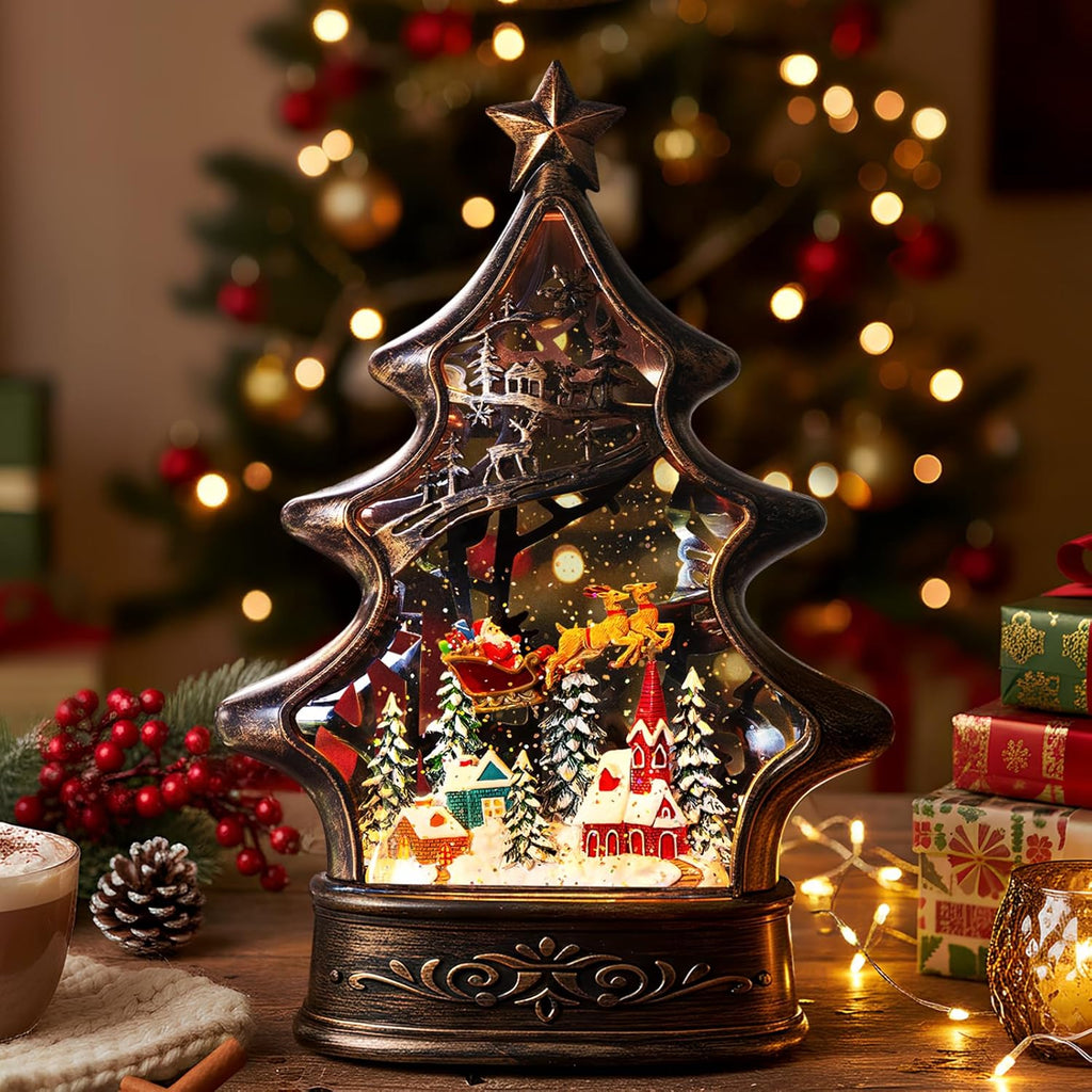 Regine Switzerland Christmas Snow Globe Lantern - Glittering Santa & Deer with Music | USB & Battery Operated