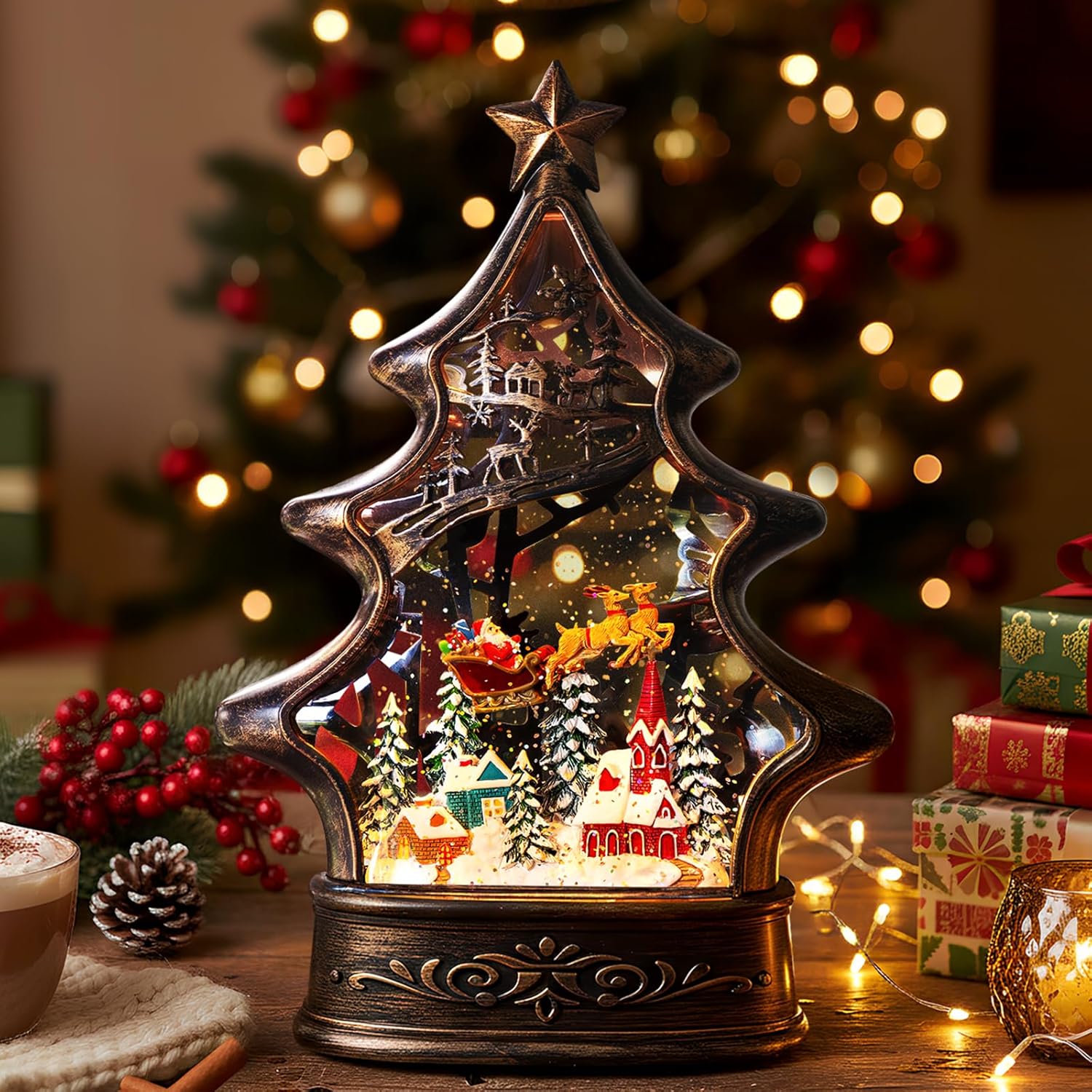 Regine Switzerland Christmas Snow Globe Lantern - Glittering Santa & Deer with Music | USB & Battery Operated