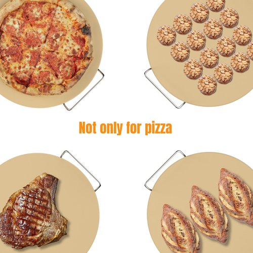 Caprihom Round Pizza Stone for Grill 16 inch with Handles - Heavy Duty Cordierite Pizza Stone for Oven -Thermal Shock Resistant Baking Stone, Includes Metal Rack & Scraper