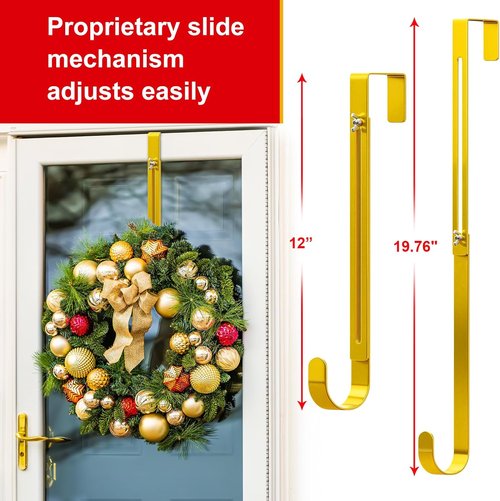 Gold Wreath Hanger - Adjustable Over The Door Hook (15-25 Inch) | Heavy Duty Metal for Seasonal Decor