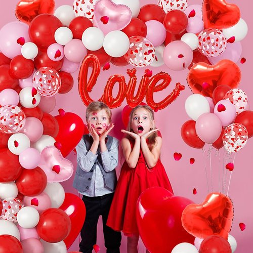 Amandir 263PCS Valentine's Day Balloon Arch Kit - Foil & Latex Heart Balloons in Red, Pink, White