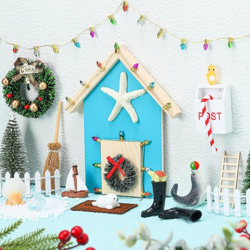 Gerrii 22 Pcs Blue Christmas Fairy Doors - Miniature Wooden Decor Kit for Dollhouses & Kids' Rooms
