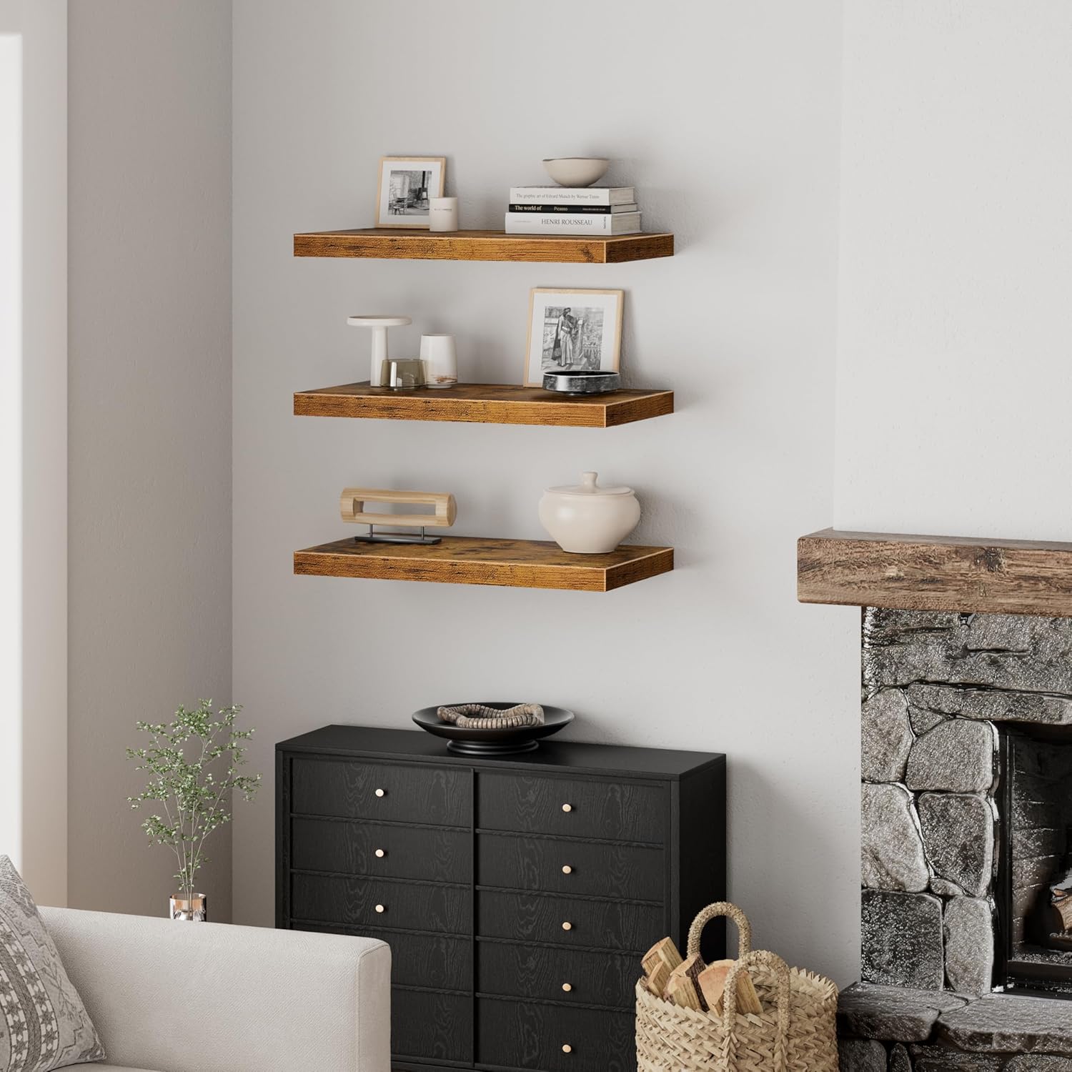 QEEIG 10" Deep Floating Shelves - Rustic Brown Wall-Mounted Bookshelf Set of 3 for Bathroom & Living Room