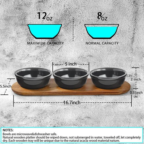 Artena Chip and Dip Serving Set - 12 oz Solid Ceramic with Acacia Tray & Black Bowls | Perfect for Appetizers